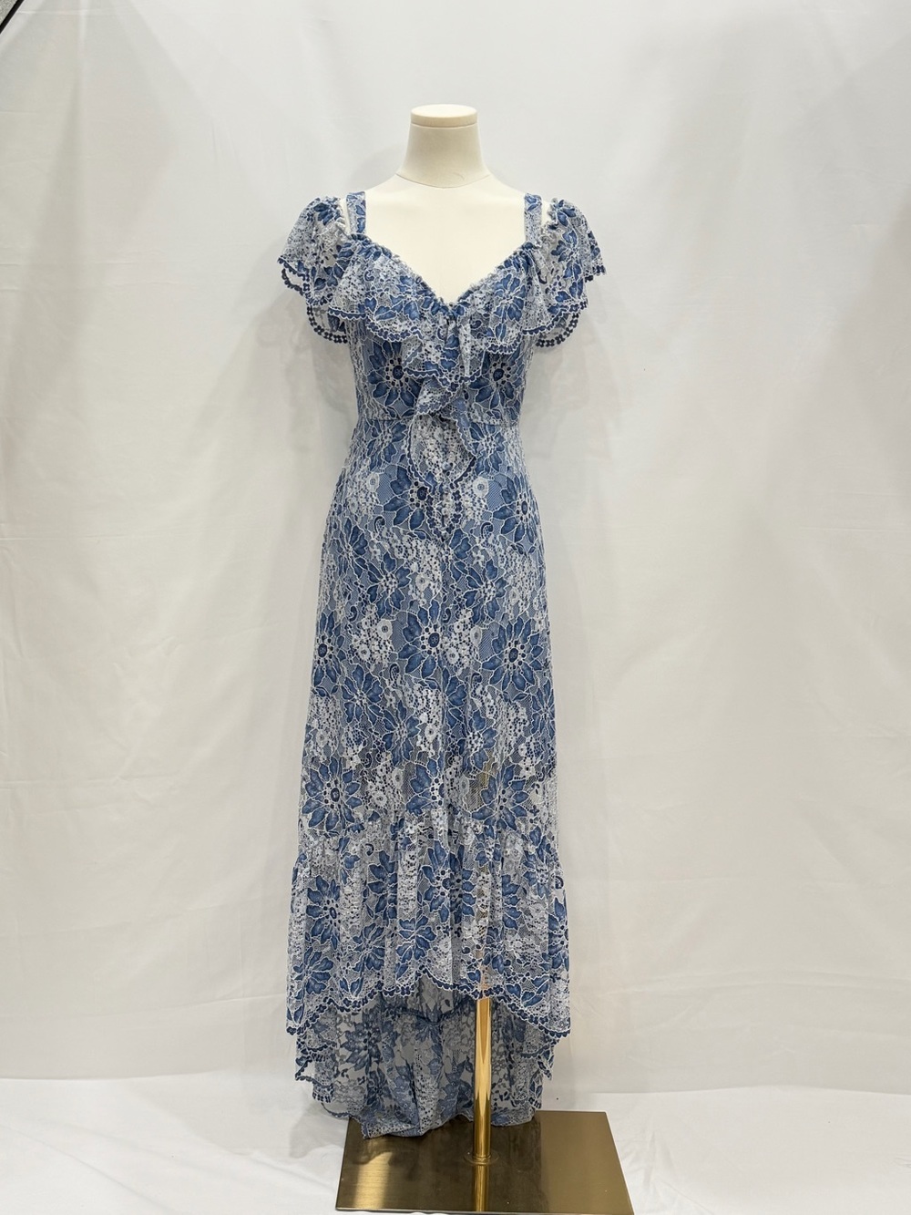 BCBG MaxAzria Blue White Lace High Low Dress XS